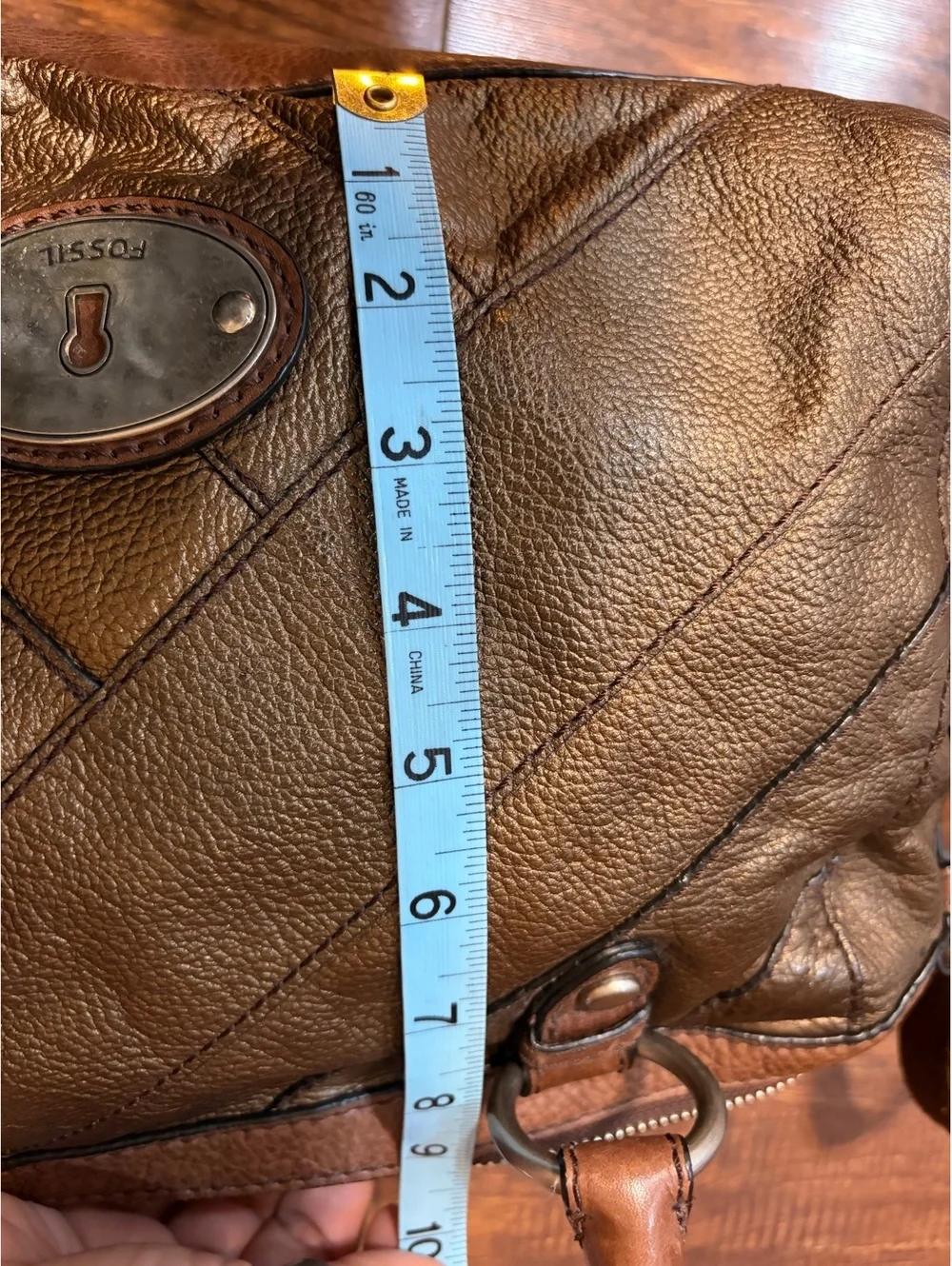Fossil Maddox metallic aged bronze patchwork leather satchel